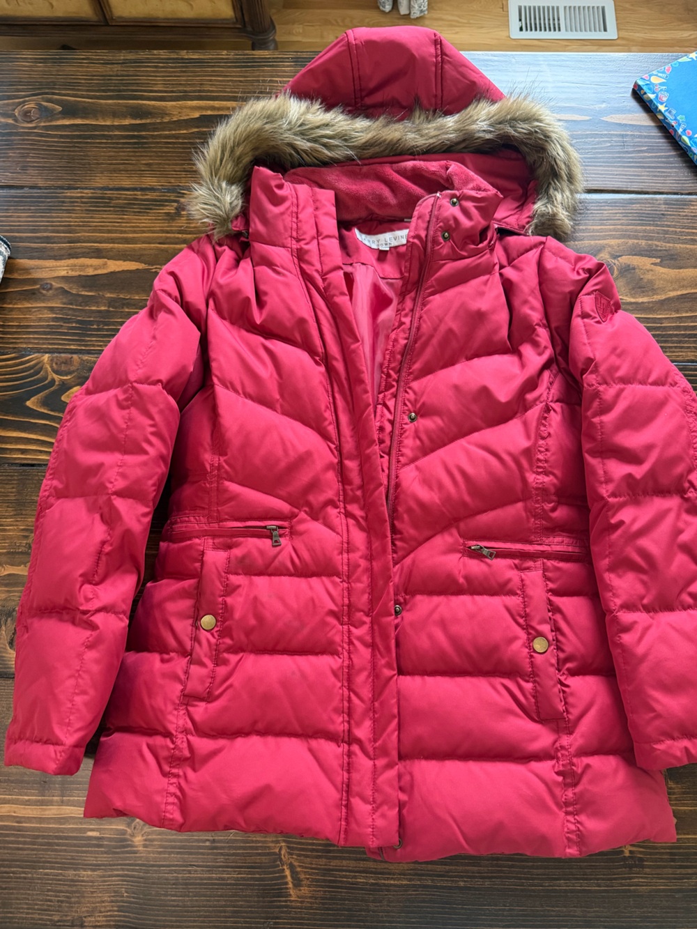Larry Levine Red Down Puffer Faux Fur Coat M
